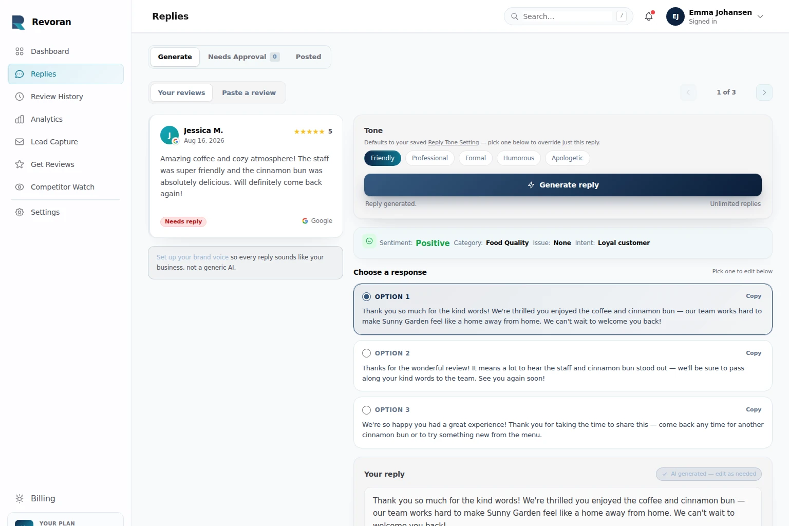Revoran AI reply generator drafting a Google review response
